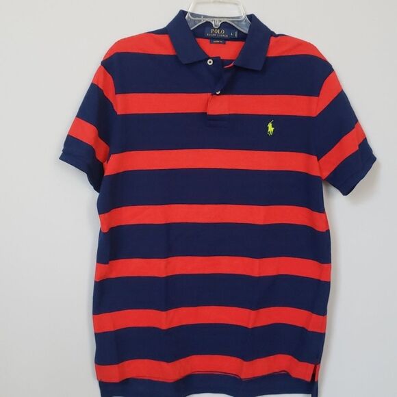 Ralph Lauren Polo Shirt Mens Large Wide Red Blue Stripe Golf Lime Pony Custom - Picture 1 of 7